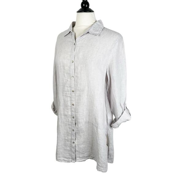 NEW Tahari Light Gray 100% Linen Button Down Tunic Top Women's Size Large - Picture 2 of 9
